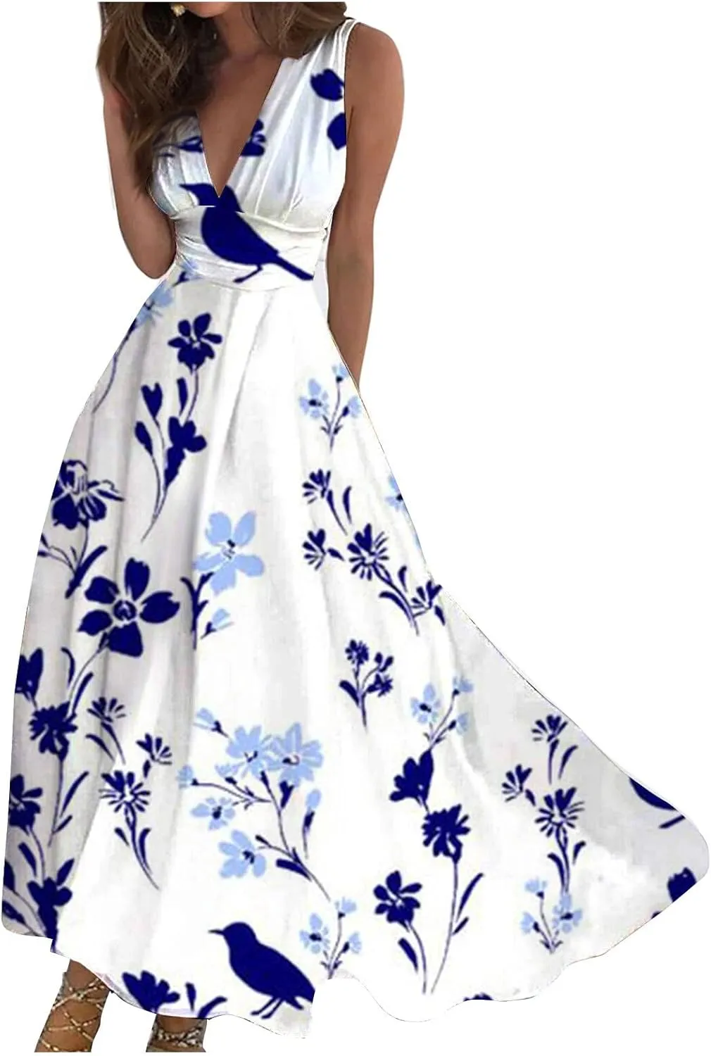 Azeralia Sundresses for Women 2024, Summer Elegant Wrap V Neck Sleeveless Maxi Dress Trendy Floral Print Flowy Beach Dresses
