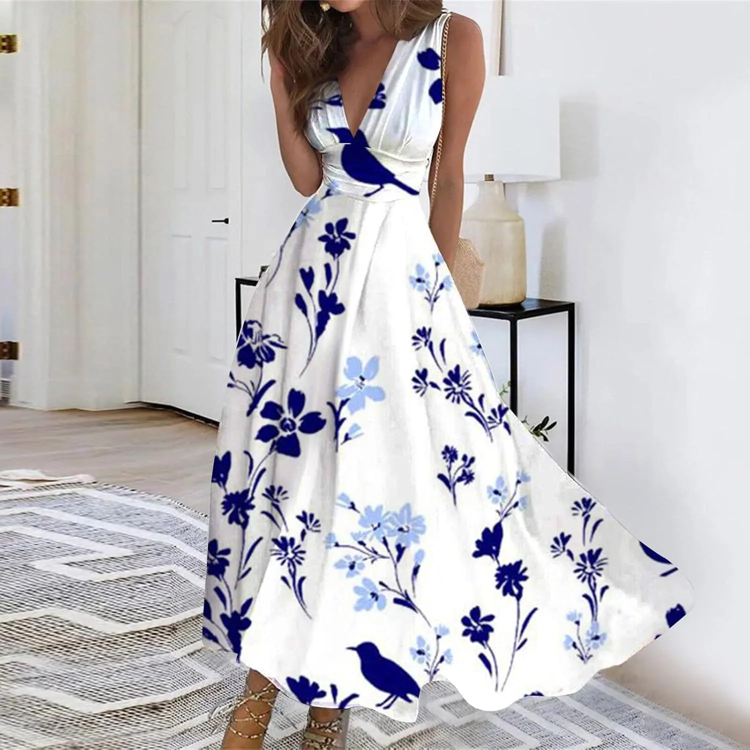 Azeralia Sundresses for Women 2024, Summer Elegant Wrap V Neck Sleeveless Maxi Dress Trendy Floral Print Flowy Beach Dresses