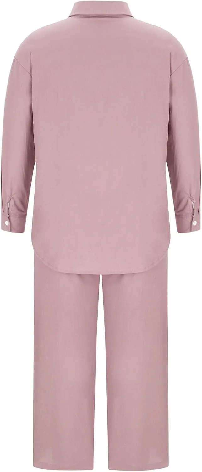 Binmer Women 2 Piece Linen Sets 2024 Button Down Shirt Long Pants Tracksuit Casual Plus Size Summer Outfits Loungwear