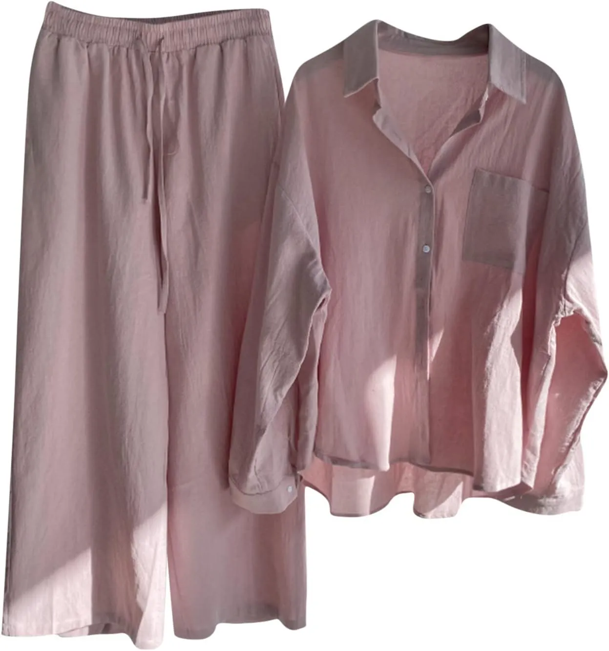 Binmer Women 2 Piece Linen Sets 2024 Button Down Shirt Long Pants Tracksuit Casual Plus Size Summer Outfits Loungwear