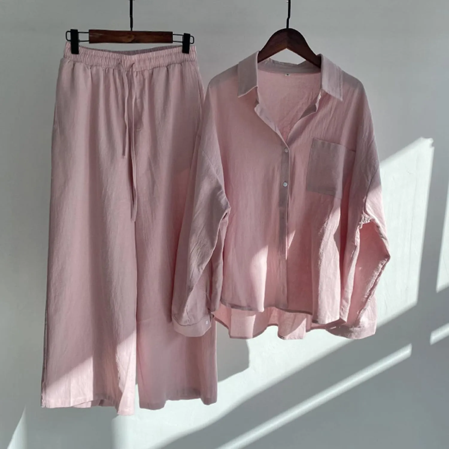 Binmer Women 2 Piece Linen Sets 2024 Button Down Shirt Long Pants Tracksuit Casual Plus Size Summer Outfits Loungwear