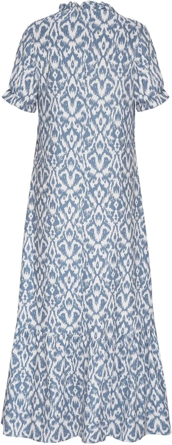 Boho Dress for Women Casual Floral Print Short Sleeve V-Neck Maxi Dresses Summer Flowy Ruffle Tiered Beach Dress