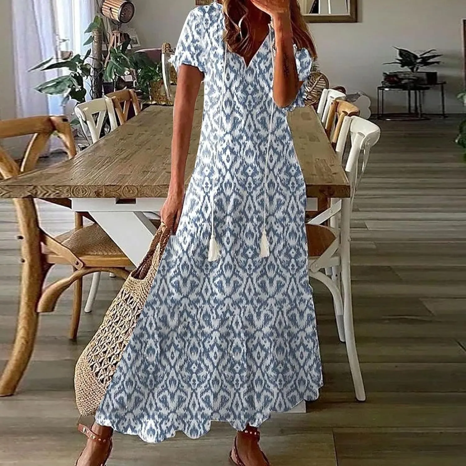 Boho Dress for Women Casual Floral Print Short Sleeve V-Neck Maxi Dresses Summer Flowy Ruffle Tiered Beach Dress