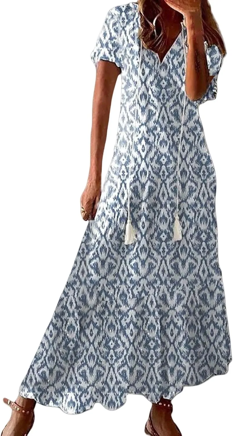 Boho Dress for Women Casual Floral Print Short Sleeve V-Neck Maxi Dresses Summer Flowy Ruffle Tiered Beach Dress