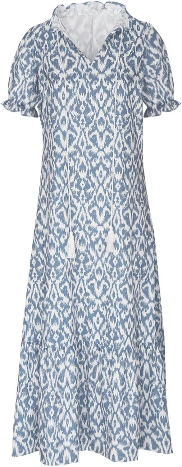 Boho Dress for Women Casual Floral Print Short Sleeve V-Neck Maxi Dresses Summer Flowy Ruffle Tiered Beach Dress