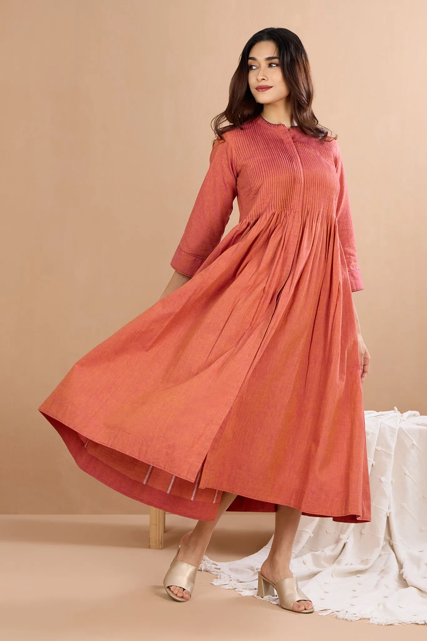 Coral Peach Breeze Infinity Pintuck Dress