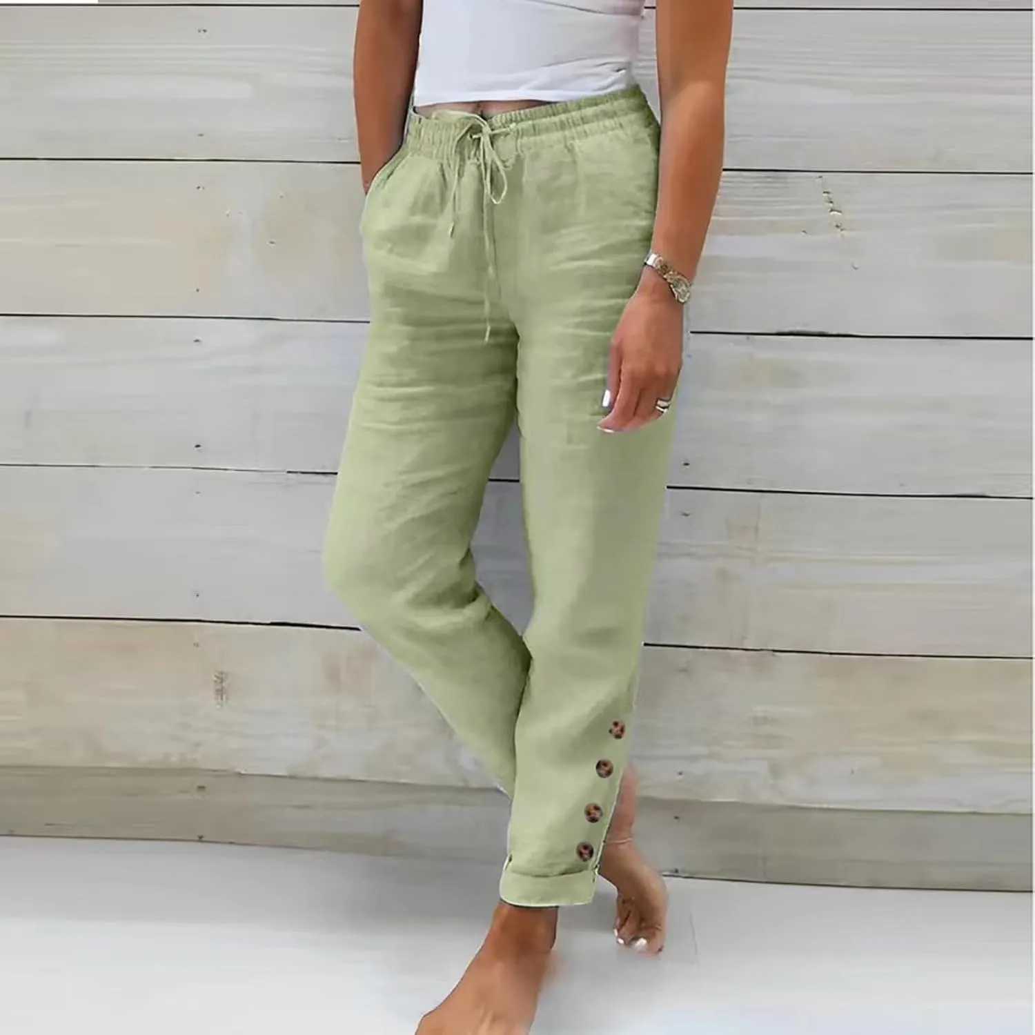 Cotton Linen Pants Women Summer Casual High Waisted Straight Leg Beach Pants Loose Fit Comfy Vacation Trousers w/Pockets