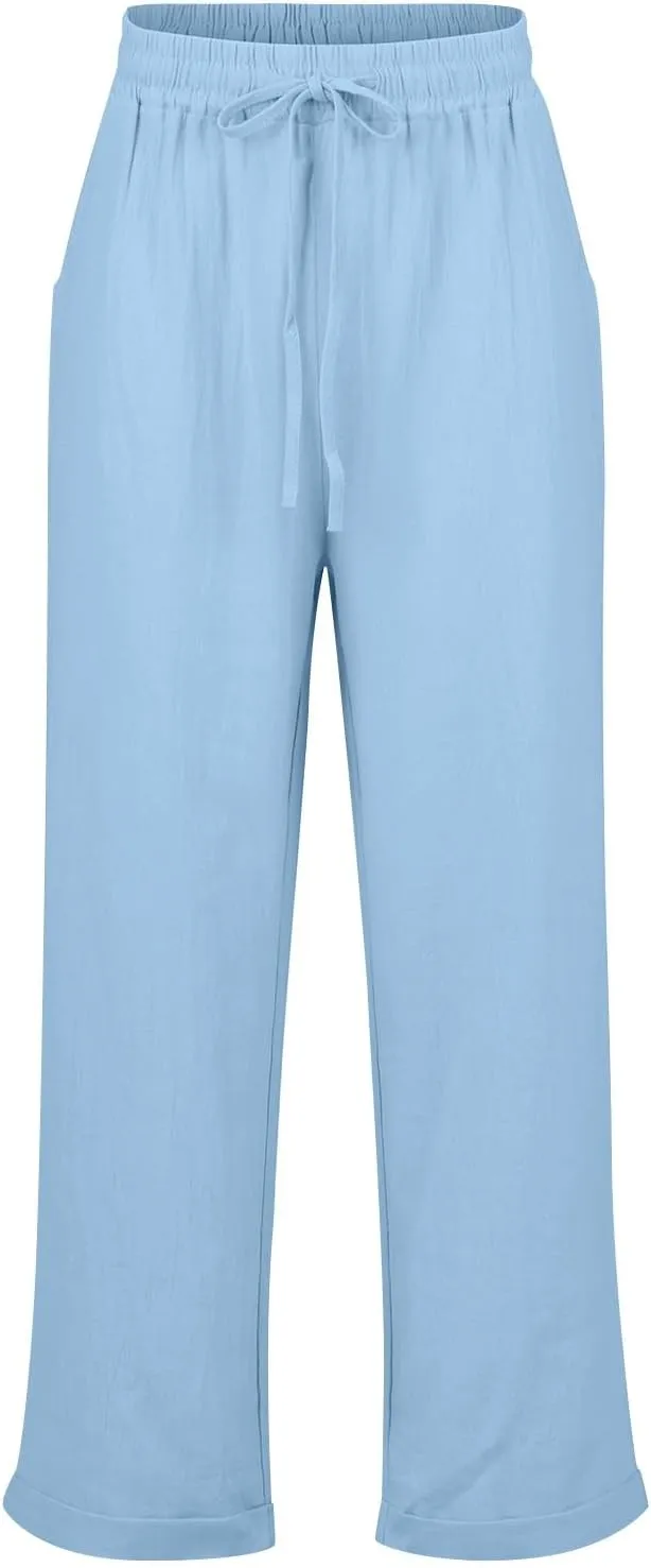 Cotton Linen Pants Women Summer Casual High Waisted Straight Leg Beach Pants Loose Fit Comfy Vacation Trousers w/Pockets