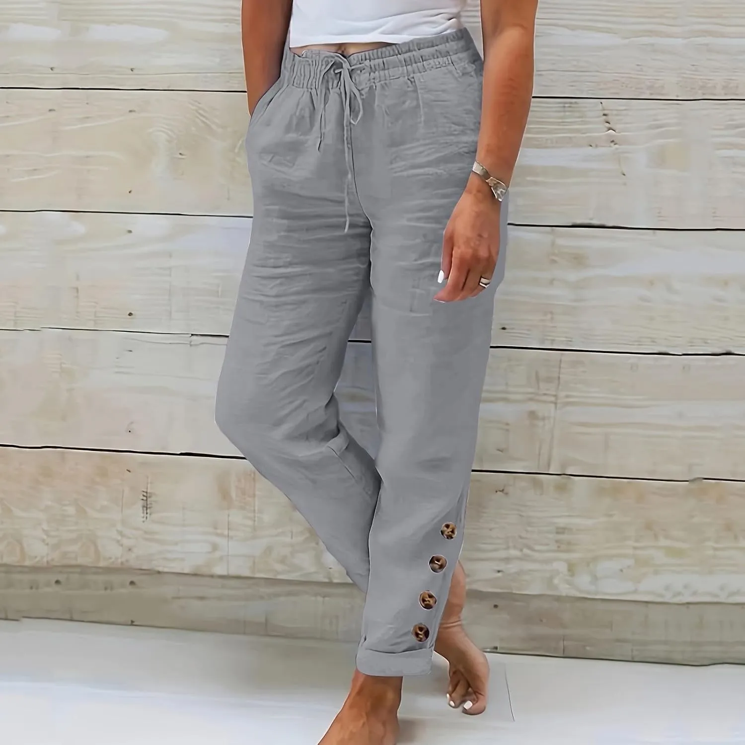 Cotton Linen Pants Women Summer Casual High Waisted Straight Leg Beach Pants Loose Fit Comfy Vacation Trousers w/Pockets