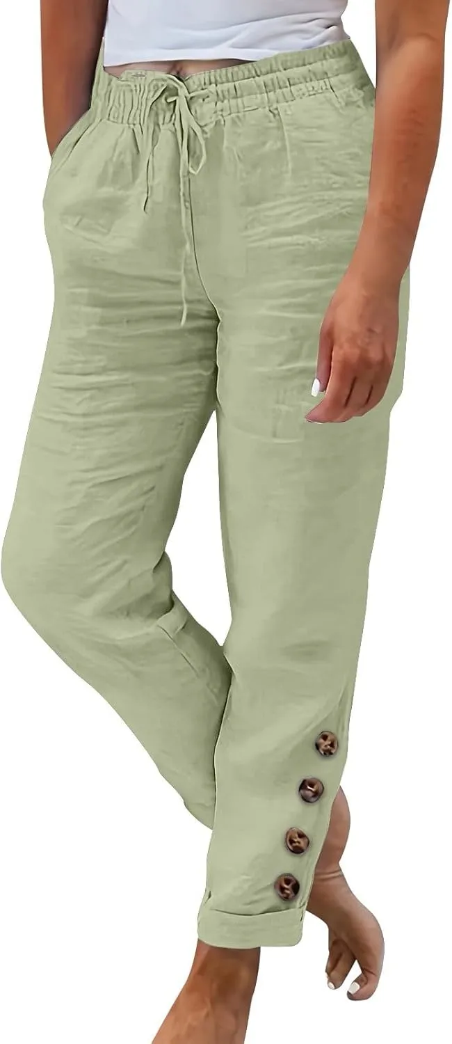 Cotton Linen Pants Women Summer Casual High Waisted Straight Leg Beach Pants Loose Fit Comfy Vacation Trousers w/Pockets