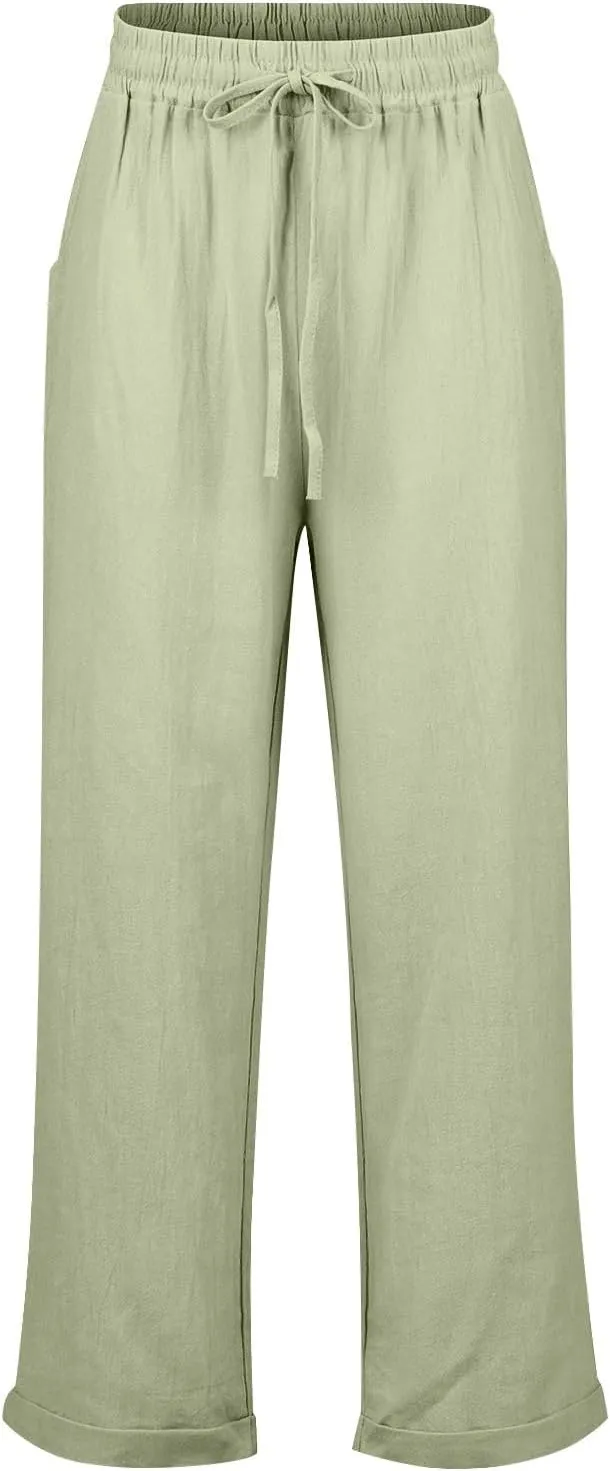 Cotton Linen Pants Women Summer Casual High Waisted Straight Leg Beach Pants Loose Fit Comfy Vacation Trousers w/Pockets