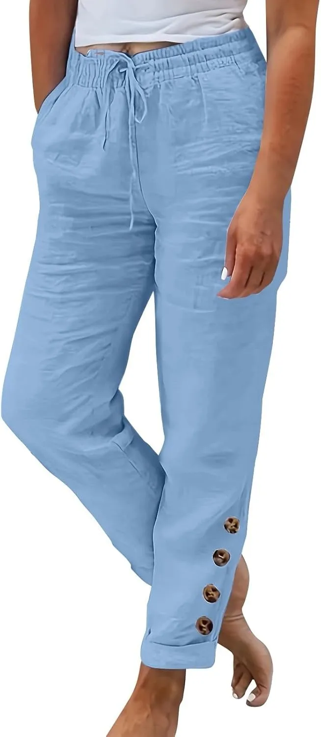 Cotton Linen Pants Women Summer Casual High Waisted Straight Leg Beach Pants Loose Fit Comfy Vacation Trousers w/Pockets