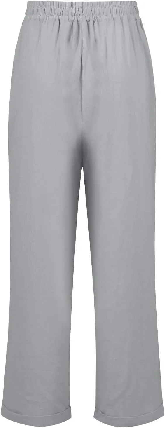 Cotton Linen Pants Women Summer Casual High Waisted Straight Leg Beach Pants Loose Fit Comfy Vacation Trousers w/Pockets
