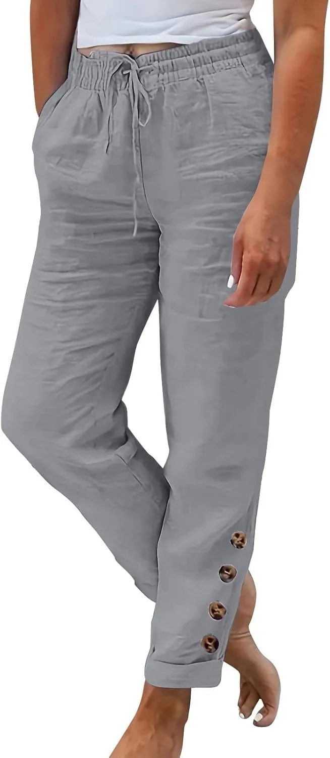 Cotton Linen Pants Women Summer Casual High Waisted Straight Leg Beach Pants Loose Fit Comfy Vacation Trousers w/Pockets