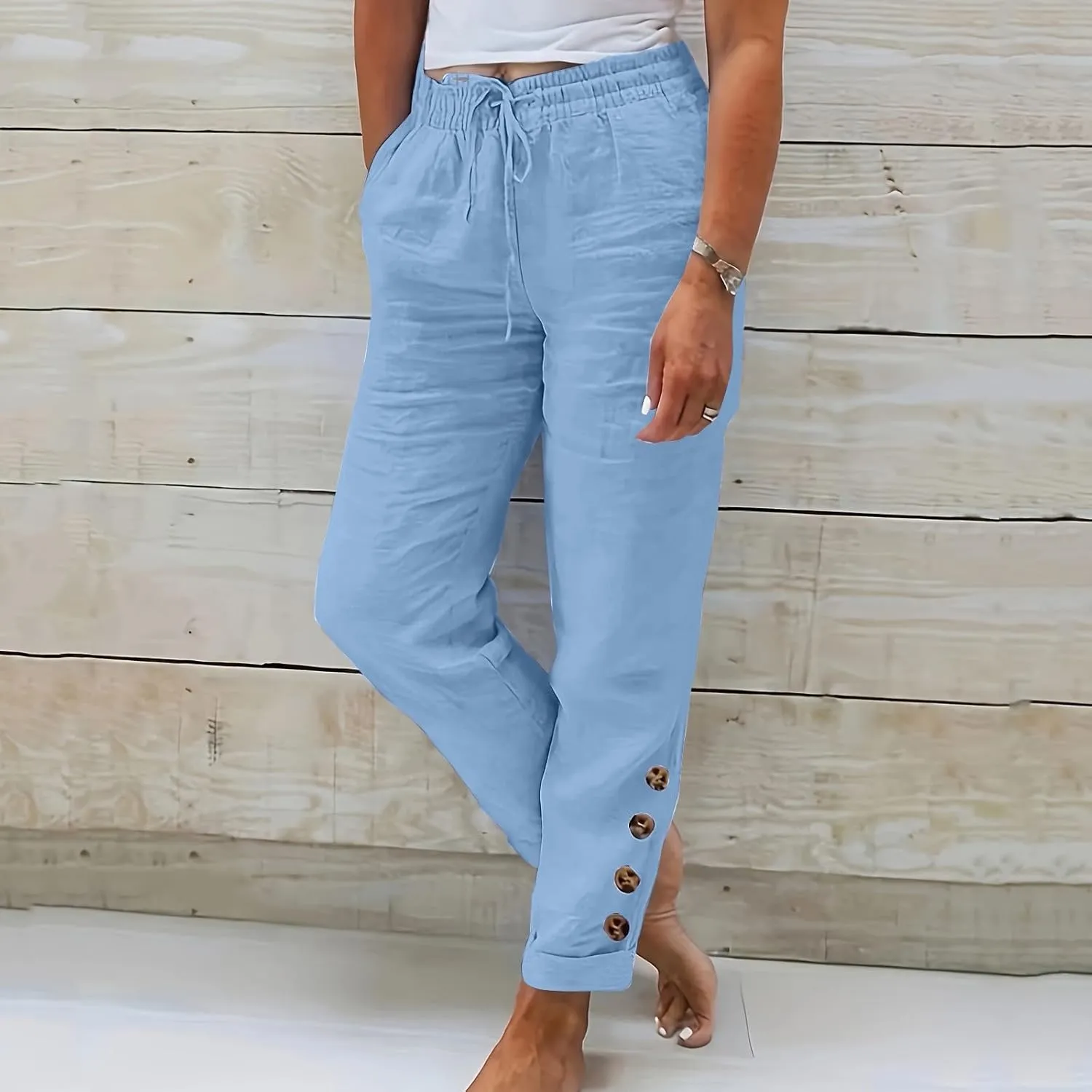 Cotton Linen Pants Women Summer Casual High Waisted Straight Leg Beach Pants Loose Fit Comfy Vacation Trousers w/Pockets