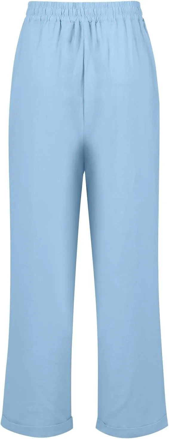 Cotton Linen Pants Women Summer Casual High Waisted Straight Leg Beach Pants Loose Fit Comfy Vacation Trousers w/Pockets