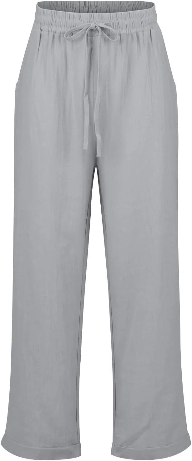 Cotton Linen Pants Women Summer Casual High Waisted Straight Leg Beach Pants Loose Fit Comfy Vacation Trousers w/Pockets