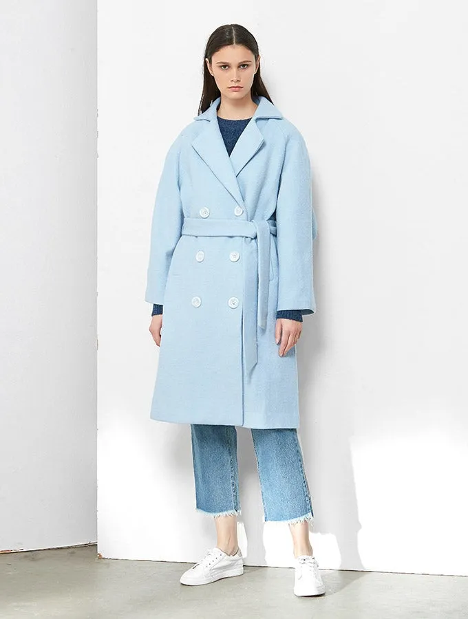 Double Breasted, Back Ruffled Long Coat -  Pale Blue