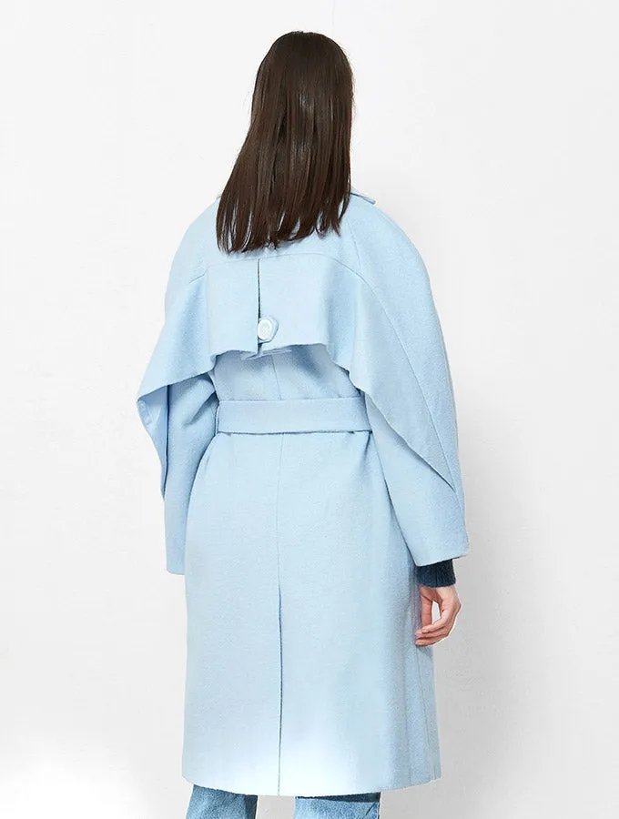 Double Breasted, Back Ruffled Long Coat -  Pale Blue