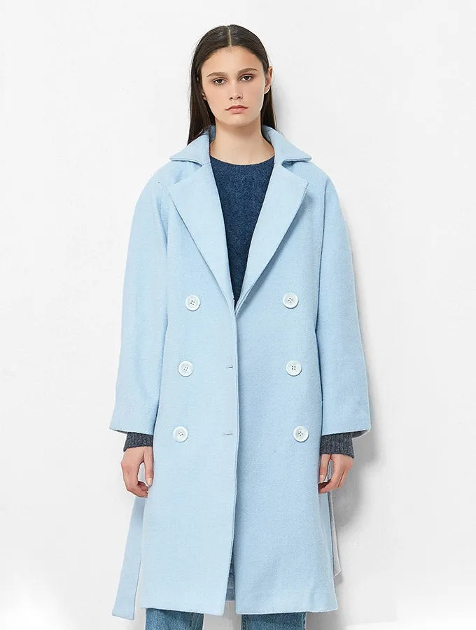 Double Breasted, Back Ruffled Long Coat -  Pale Blue