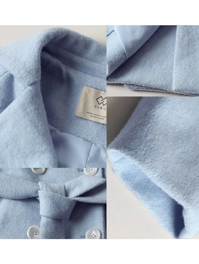 Double Breasted, Back Ruffled Long Coat -  Pale Blue