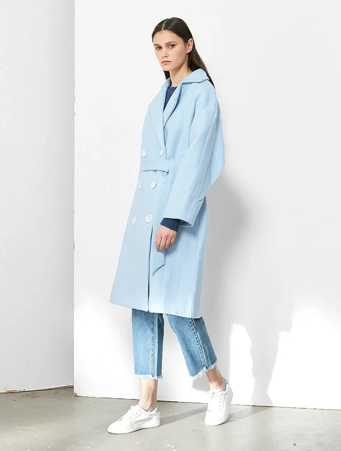 Double Breasted, Back Ruffled Long Coat -  Pale Blue
