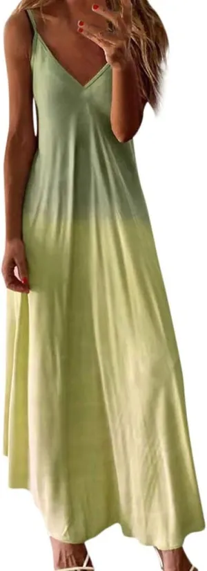 GOKKILRW Sundresses for Women Casual Beach 2024 Elegant V Neck Spaghetti Strap Sleeveless Loose Vacation Summer Maxi Dress