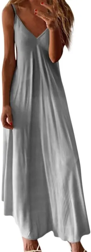 GOKKILRW Sundresses for Women Casual Beach 2024 Elegant V Neck Spaghetti Strap Sleeveless Loose Vacation Summer Maxi Dress