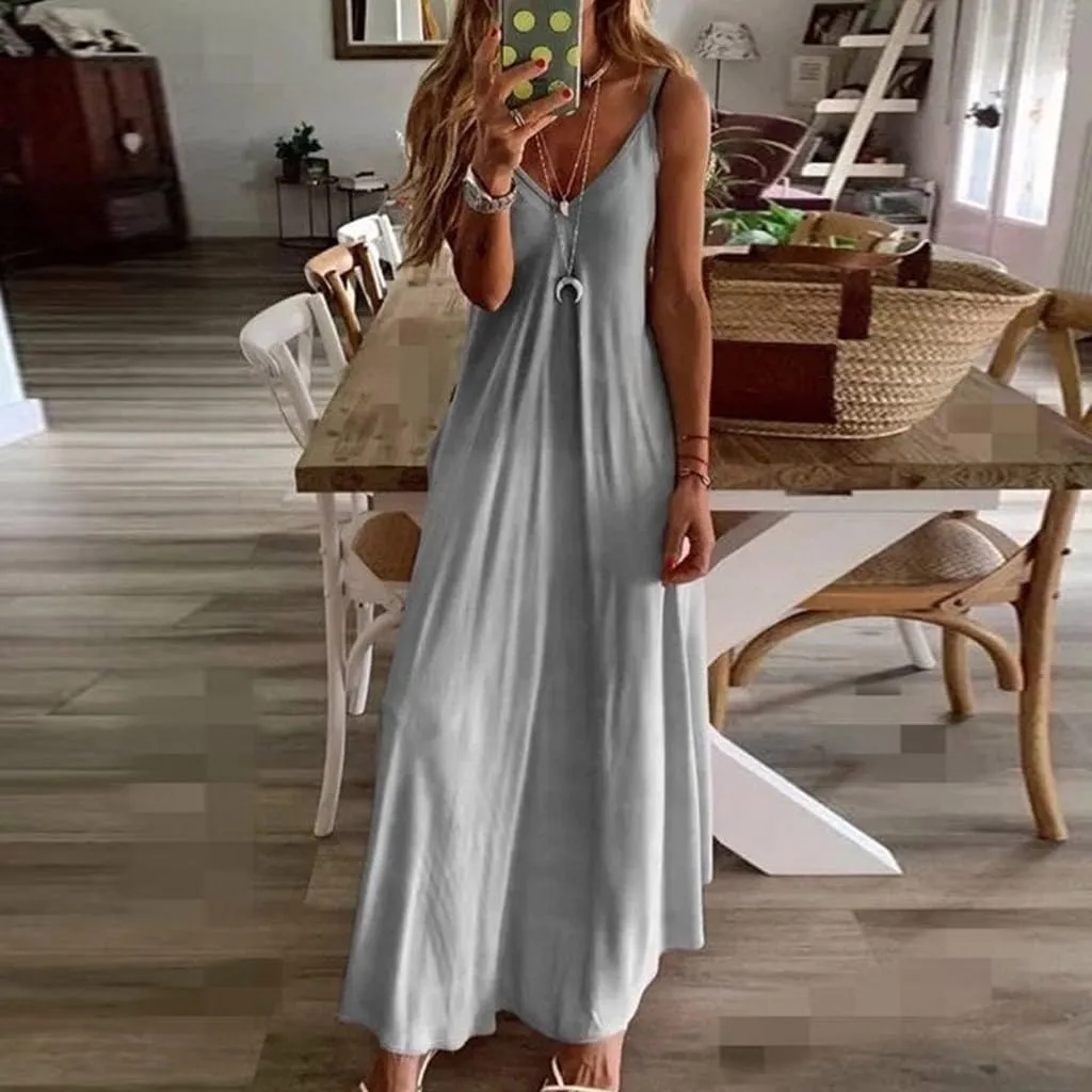 GOKKILRW Sundresses for Women Casual Beach 2024 Elegant V Neck Spaghetti Strap Sleeveless Loose Vacation Summer Maxi Dress