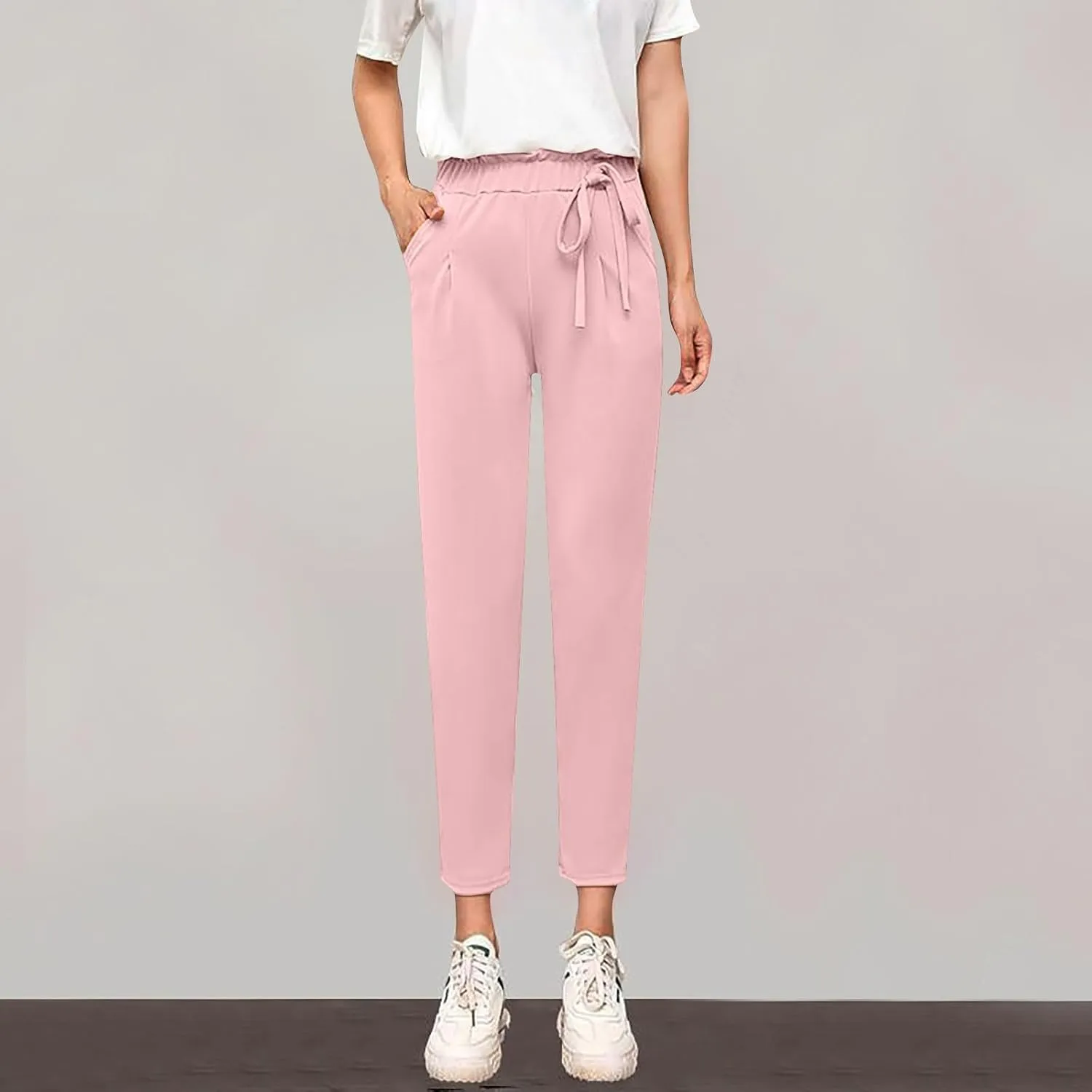 High Waist Pencil Pants for Womens Dressy Bow Knot Cotton Pants Straight Leg Business Work Trousers with Pockets