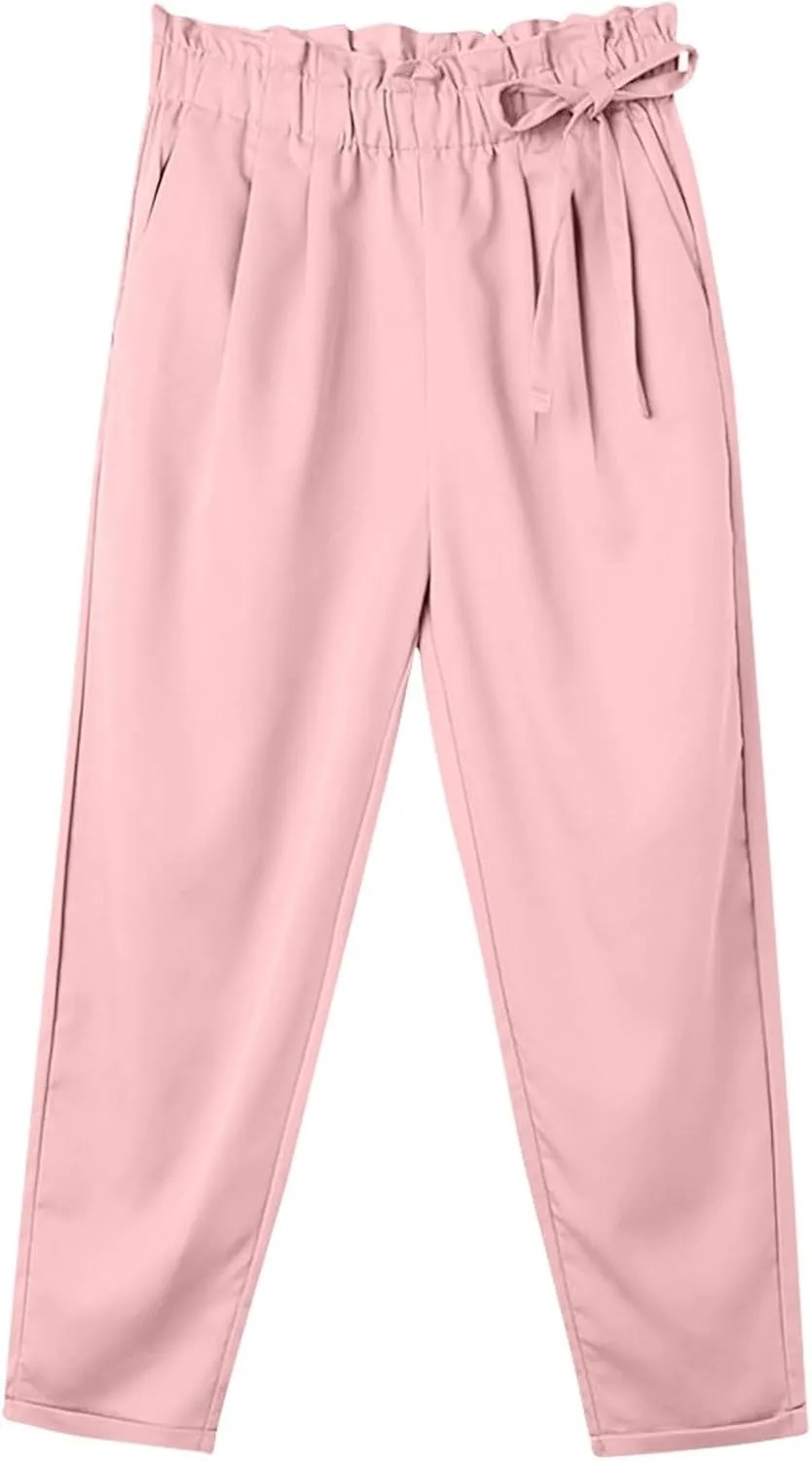 High Waist Pencil Pants for Womens Dressy Bow Knot Cotton Pants Straight Leg Business Work Trousers with Pockets