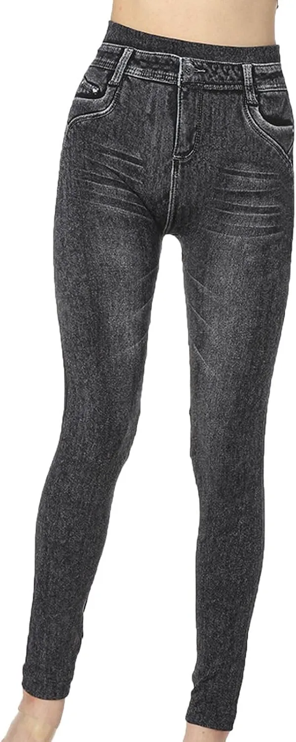 hlysgo Skinny Faux Jeans for Women High Waist Stretchy Slimming Jeggings Denim Print Leggings Trousers Pants