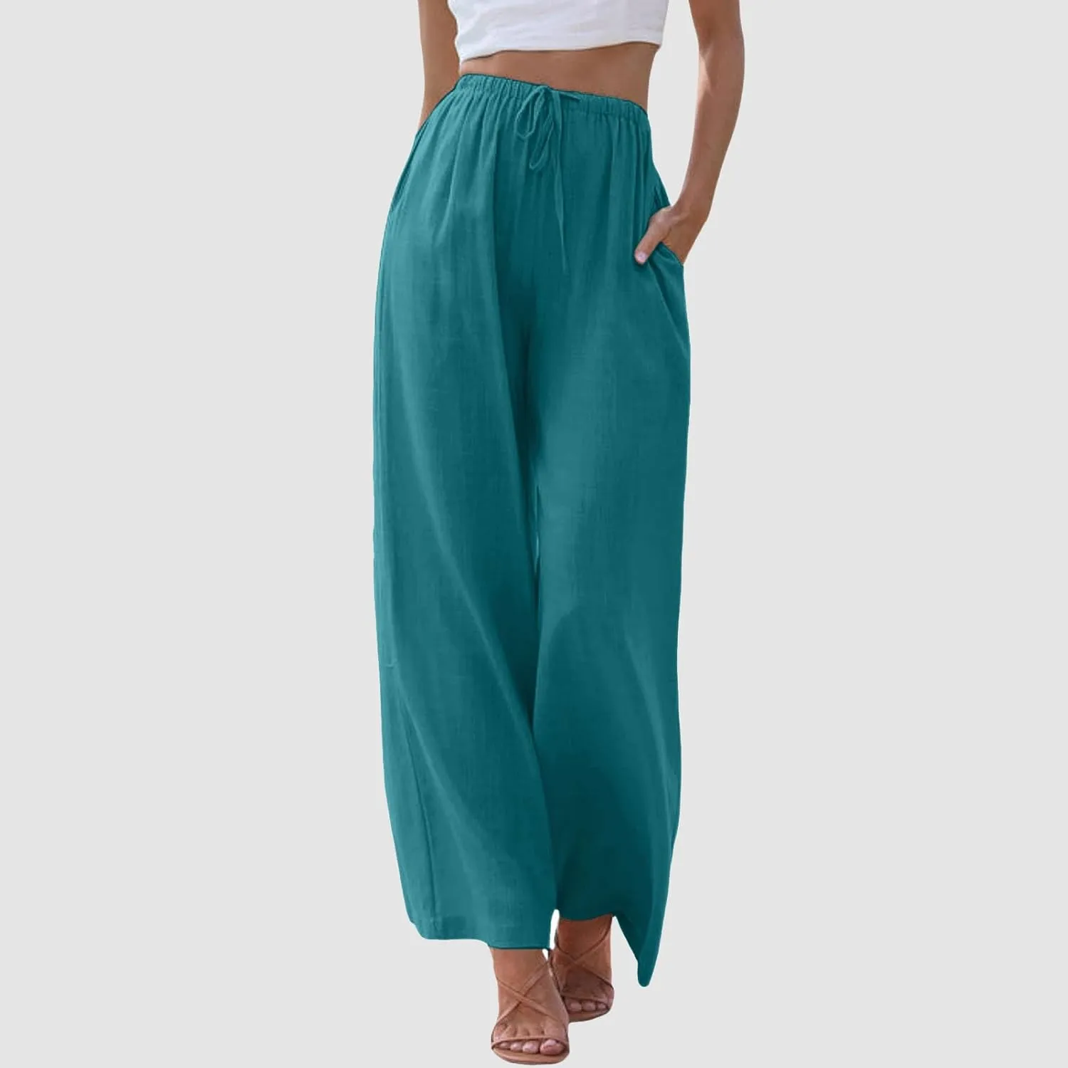 Linen Flowy Pants for Women Wide Leg Beach Pants Summer Vacation Boho Pants Casual Yoga Pants Women Holiday Lounge Pants