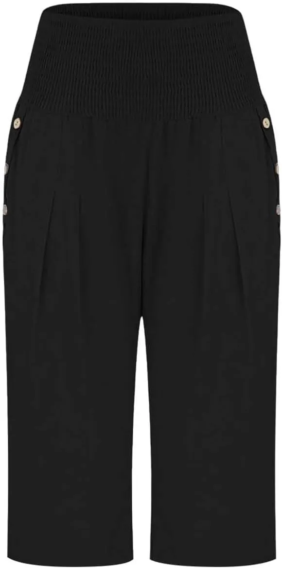 Linen Pants for Women Casual Loose Elastic High Waisted Straight Leg Trousers Palazzo Boho Wide Leg Beach Lounge