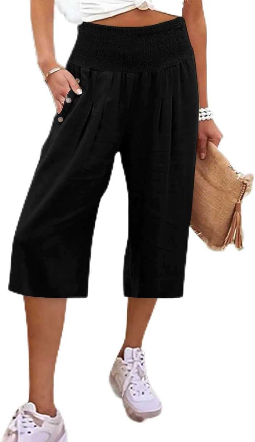 Linen Pants for Women Casual Loose Elastic High Waisted Straight Leg Trousers Palazzo Boho Wide Leg Beach Lounge