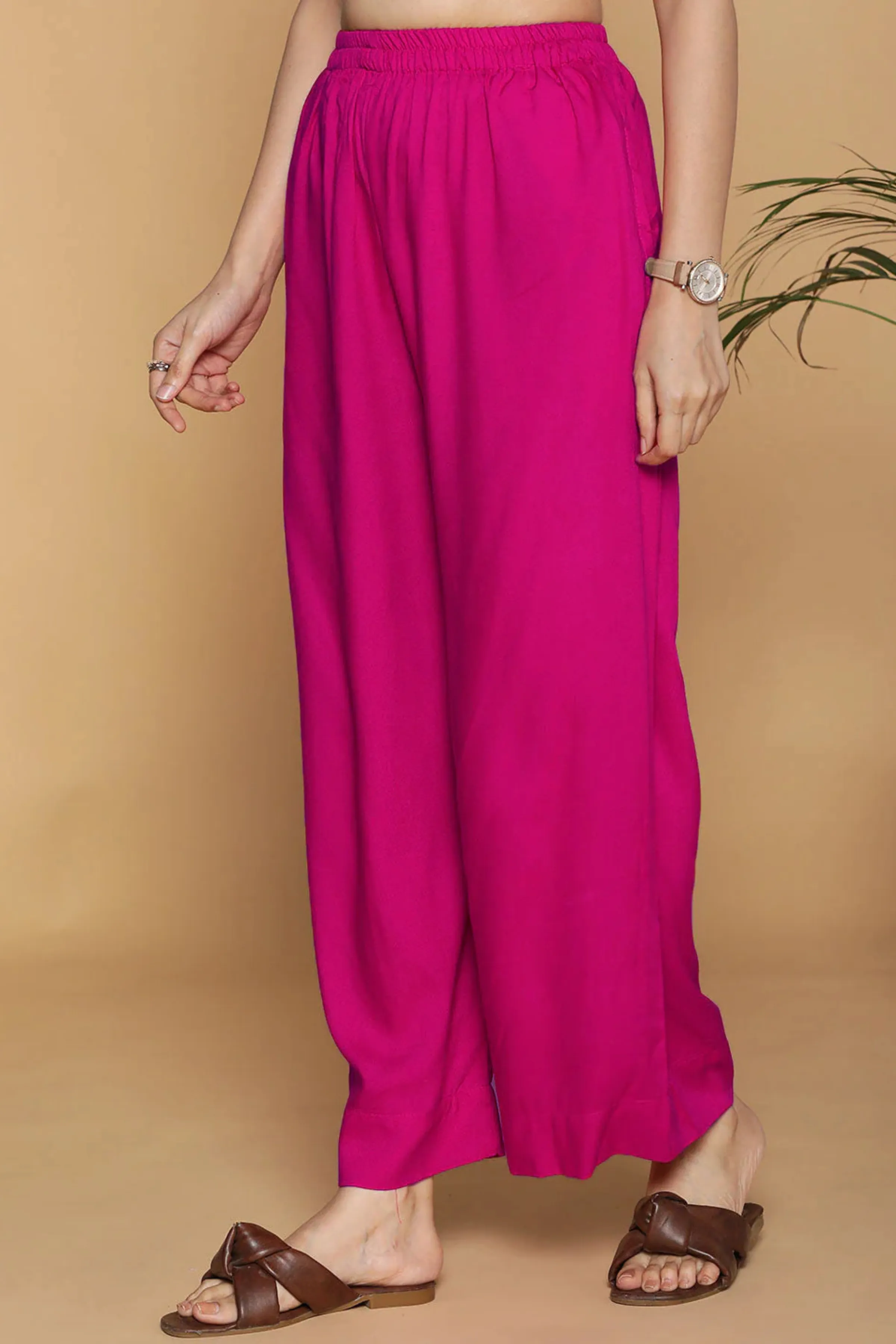 Magenta Flared Rayon Palazzo Pants