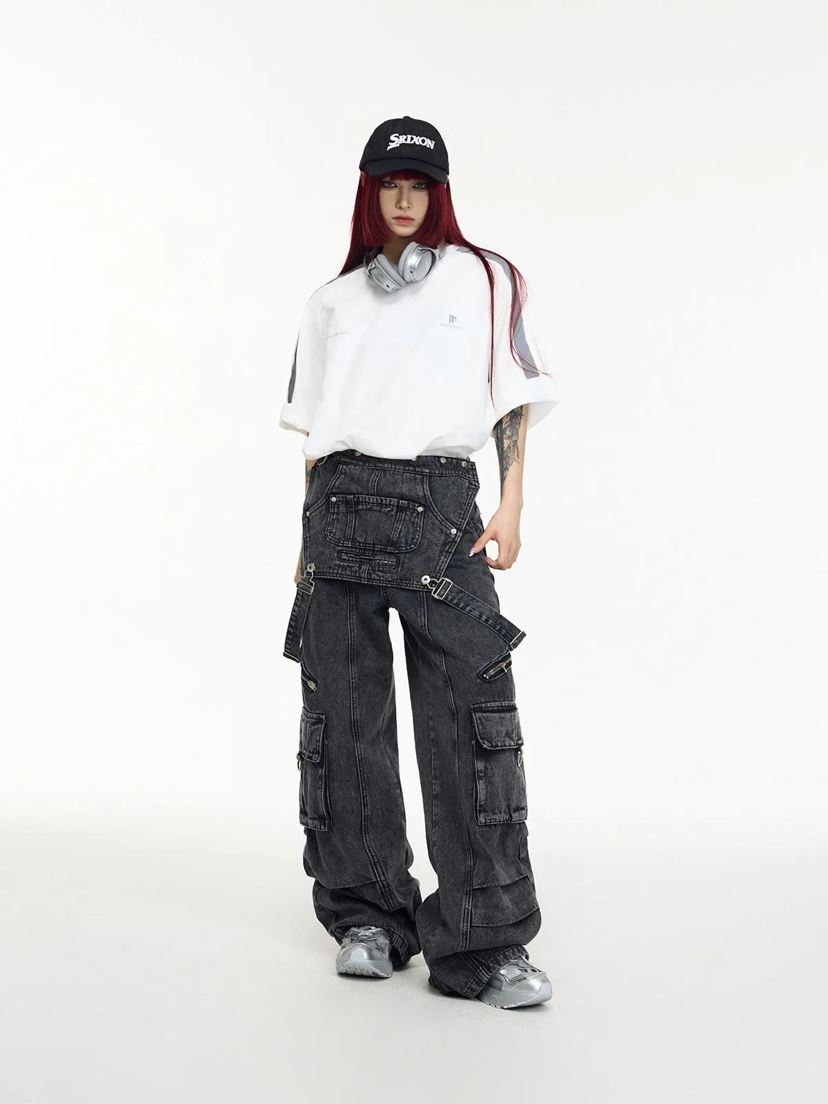 Multi-pocket Washed Denim Overalls