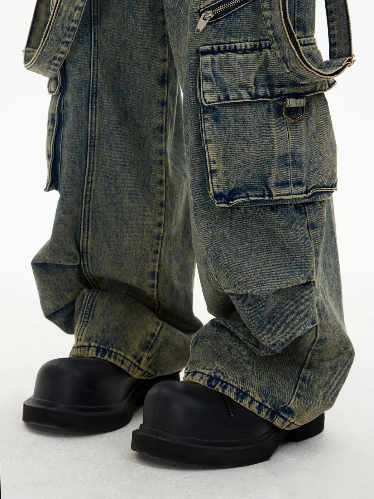 Multi-pocket Washed Denim Overalls