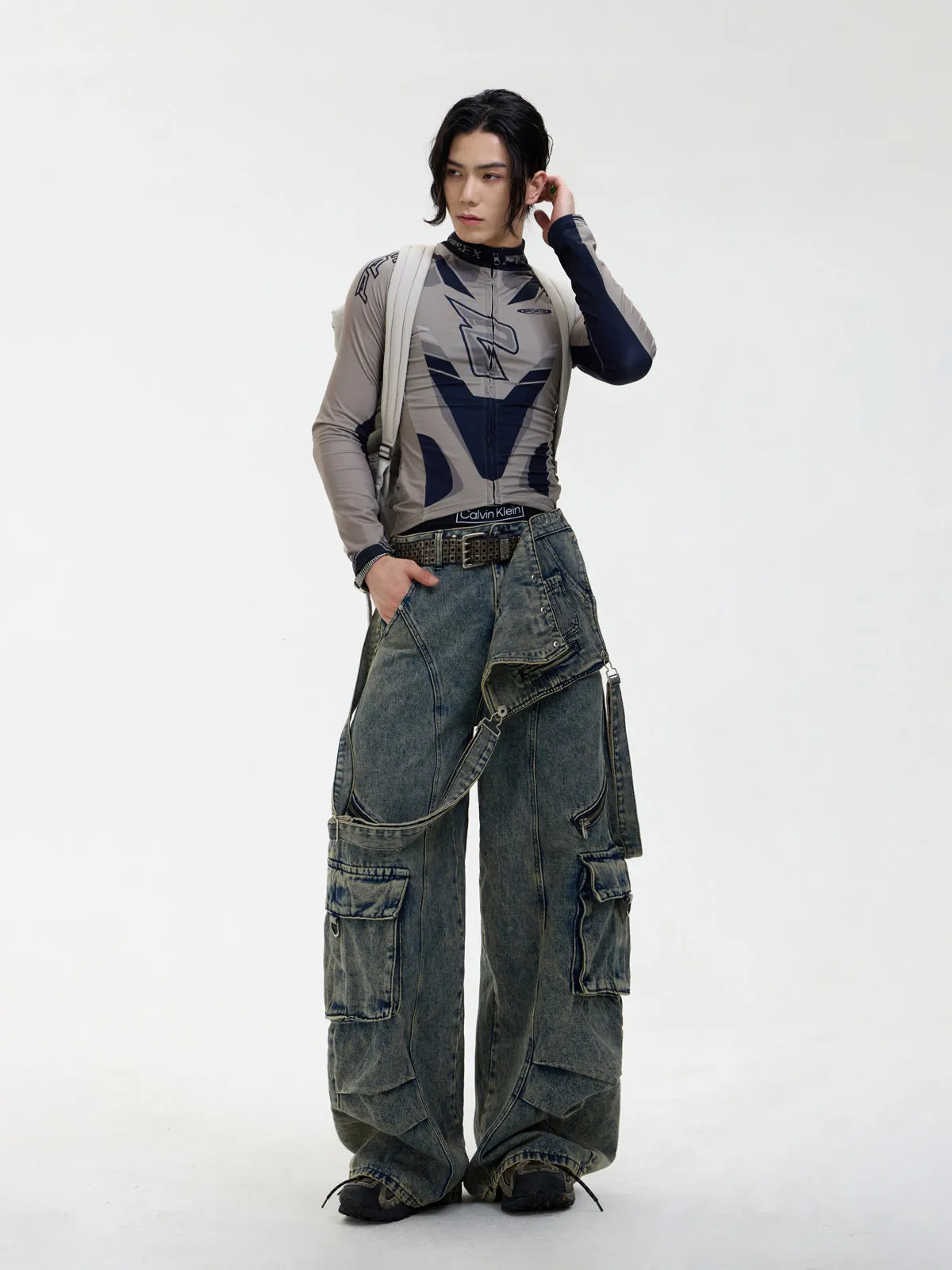 Multi-pocket Washed Denim Overalls
