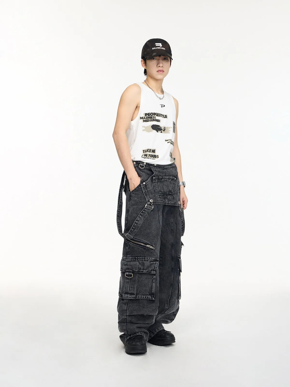 Multi-pocket Washed Denim Overalls