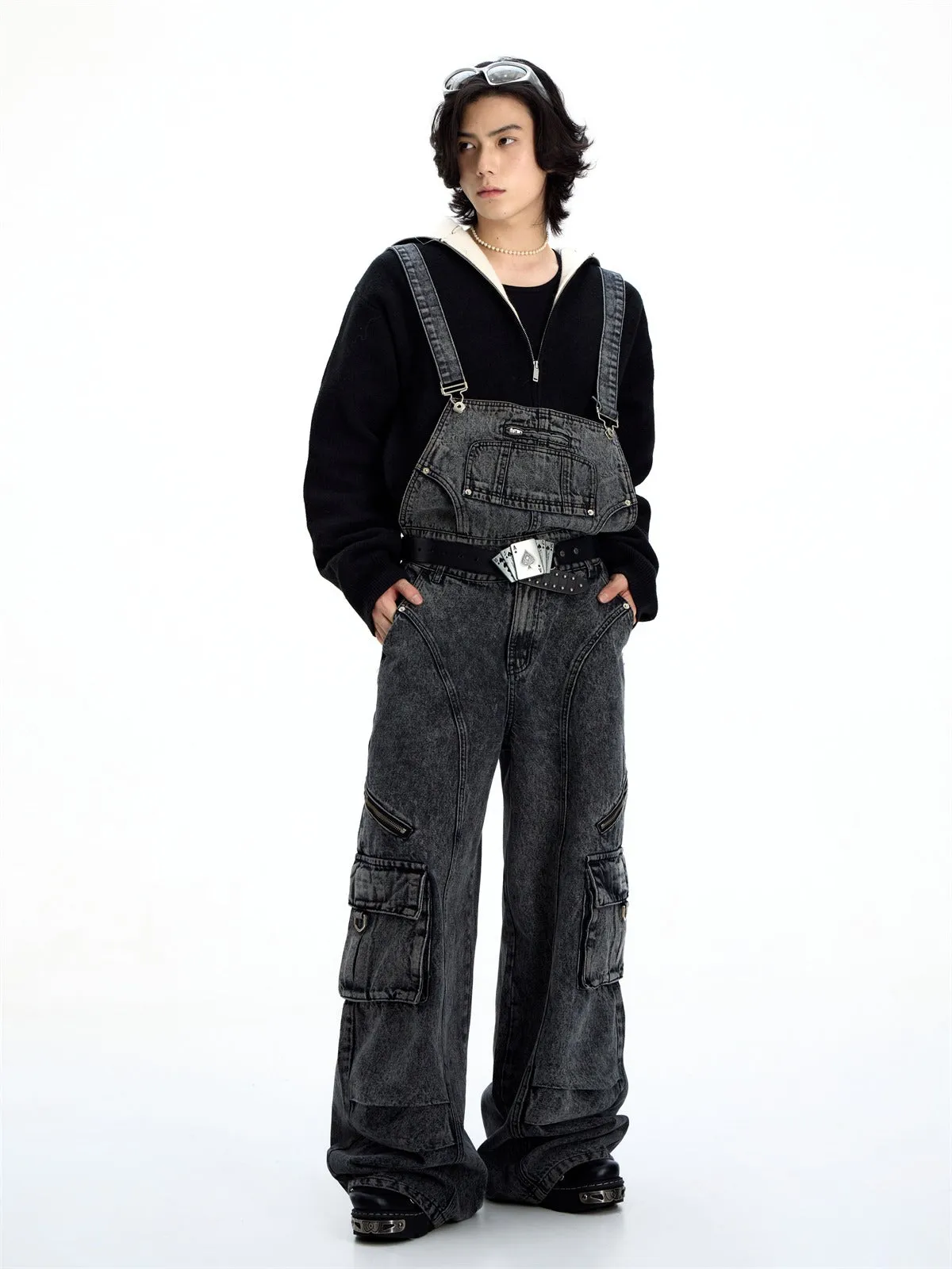Multi-pocket Washed Denim Overalls