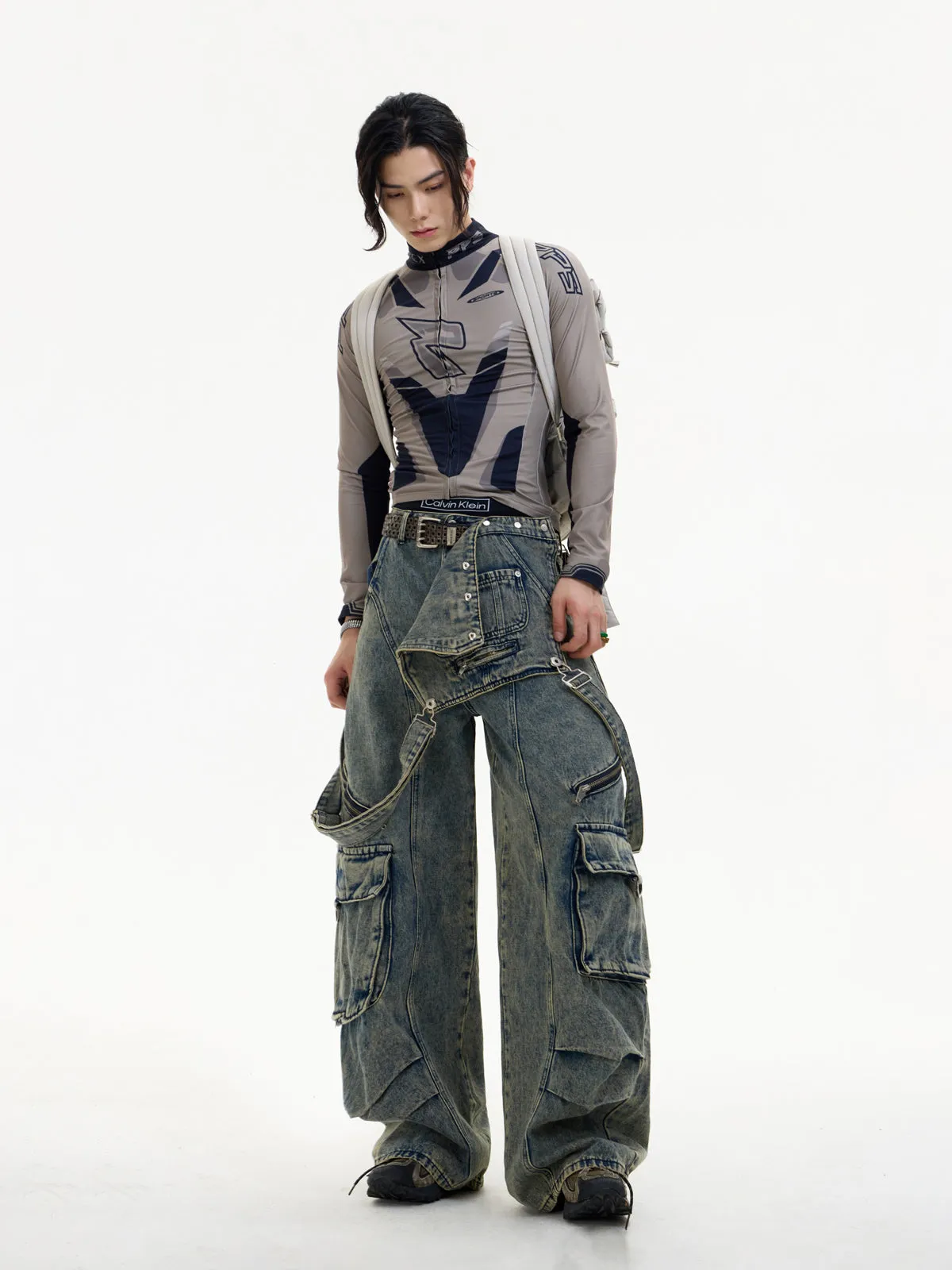 Multi-pocket Washed Denim Overalls