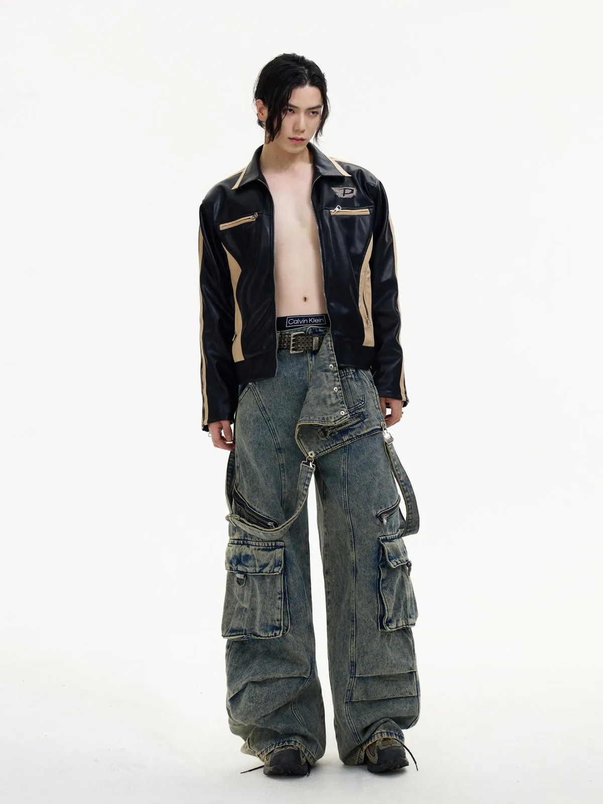 Multi-pocket Washed Denim Overalls