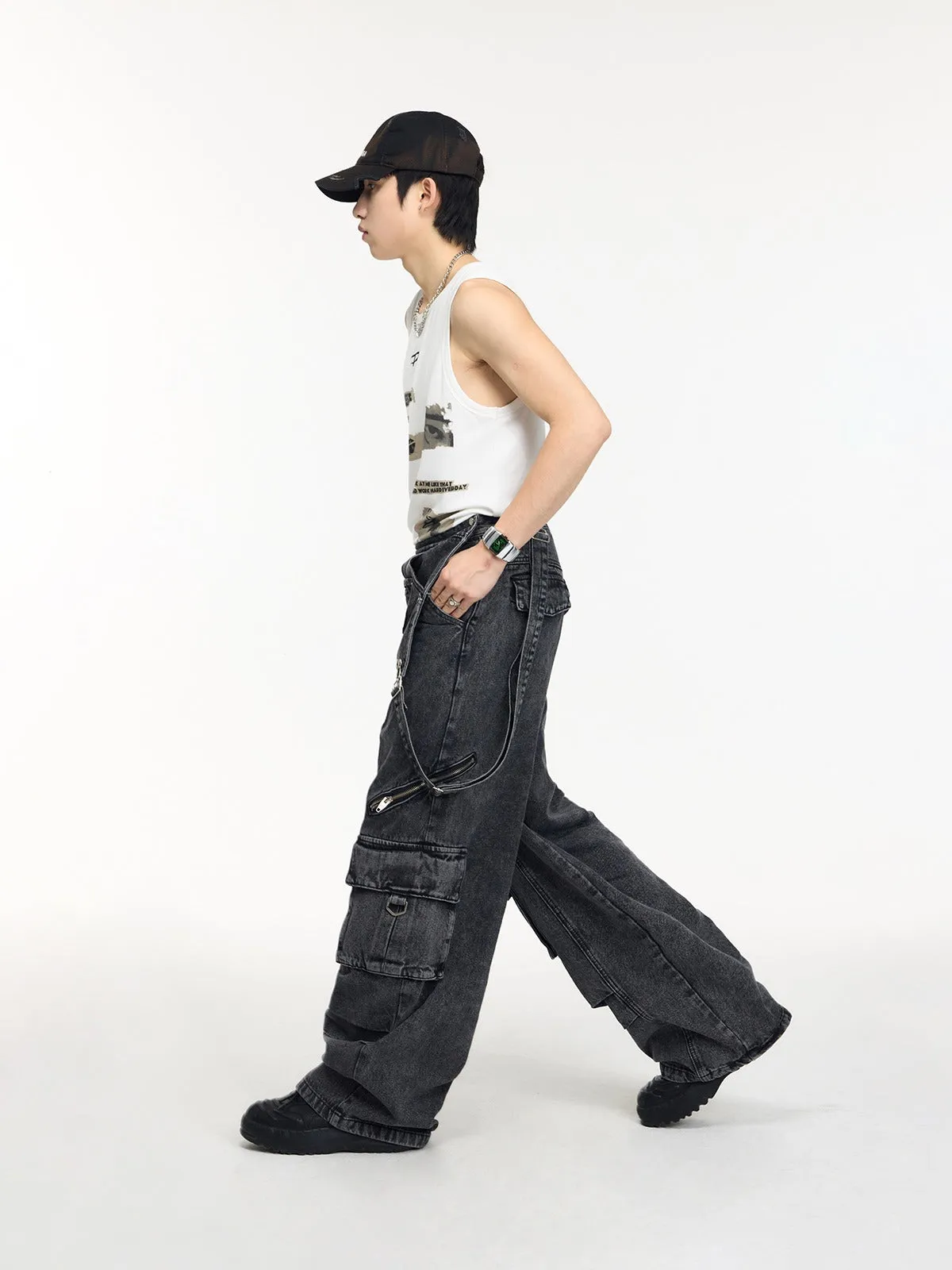 Multi-pocket Washed Denim Overalls