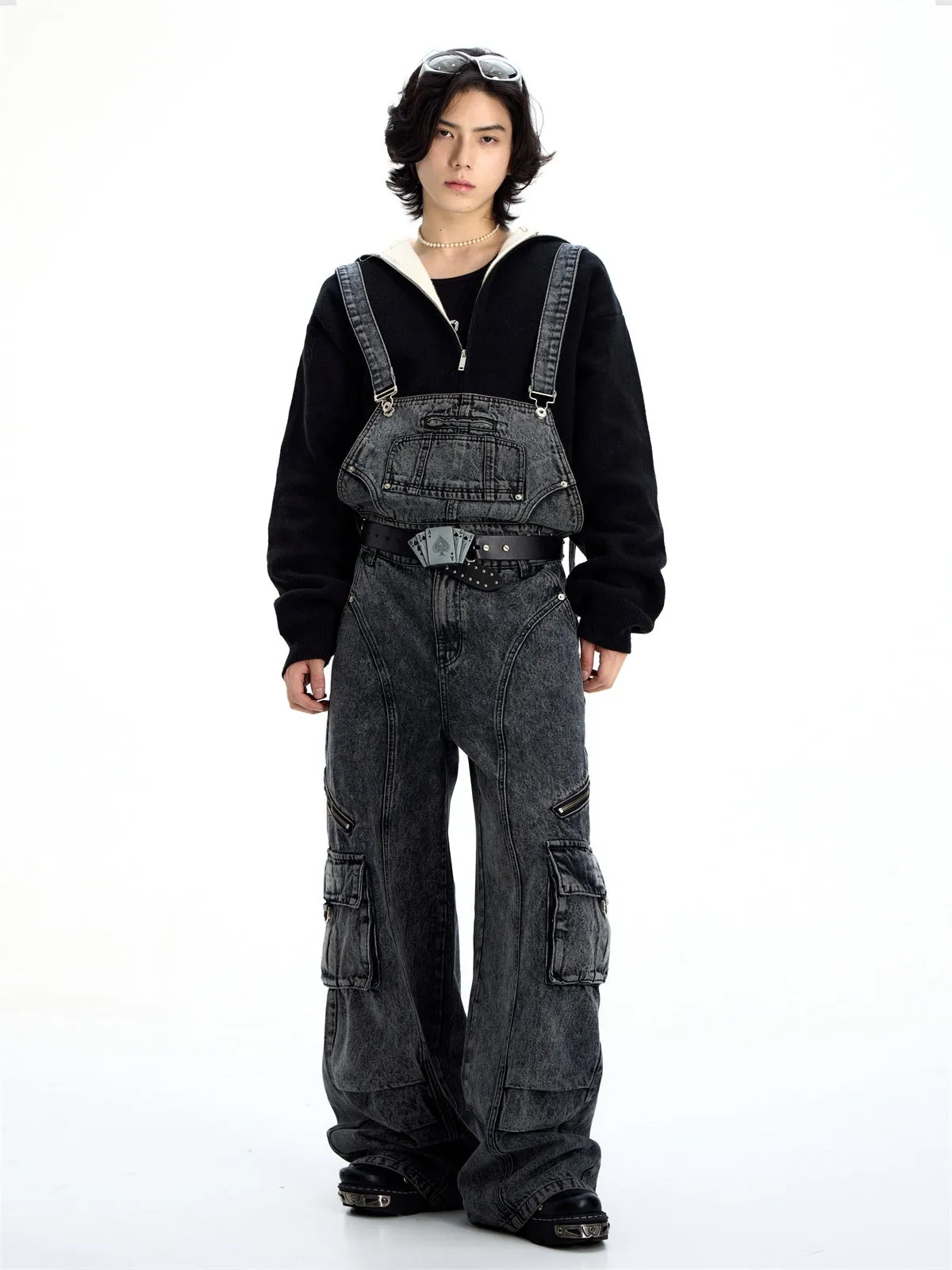 Multi-pocket Washed Denim Overalls