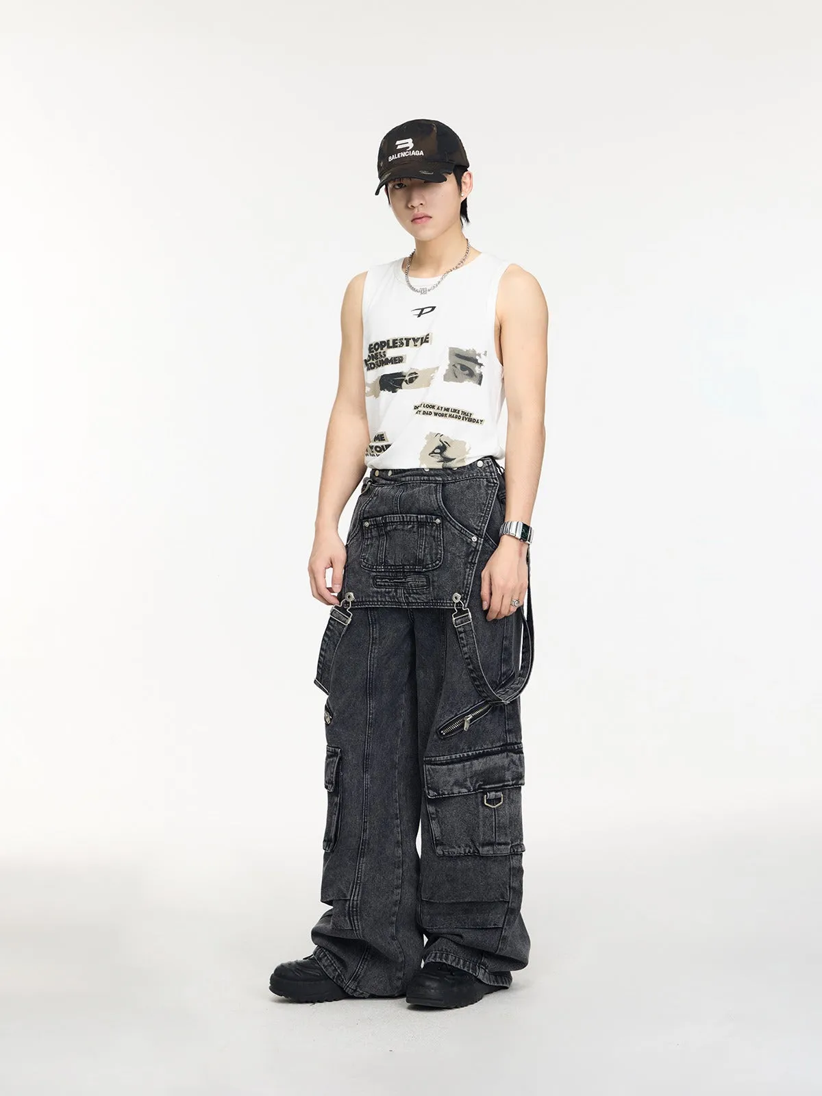 Multi-pocket Washed Denim Overalls