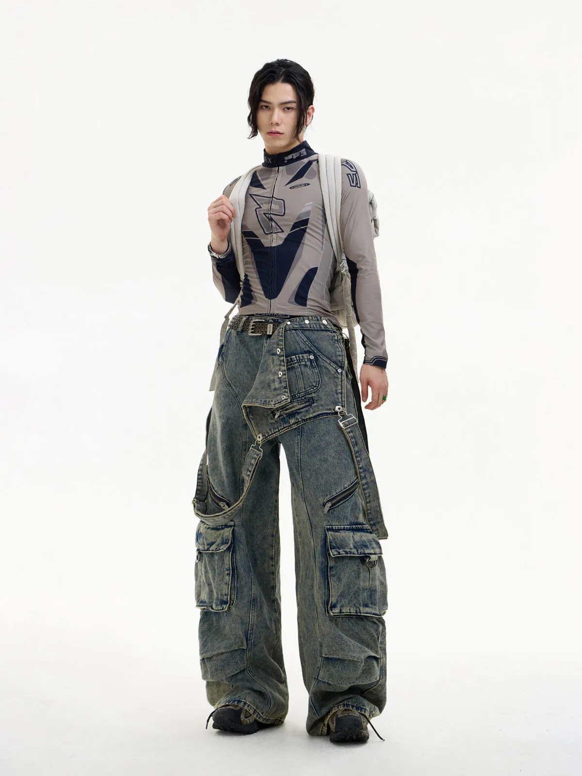Multi-pocket Washed Denim Overalls