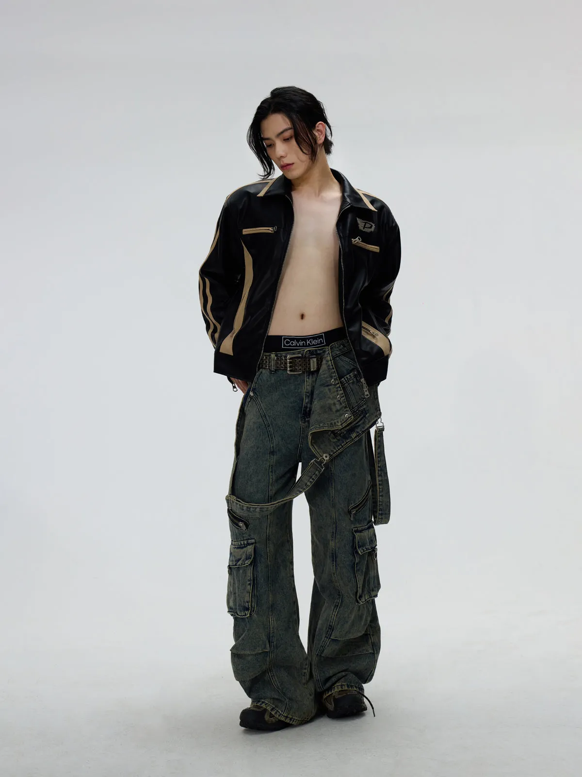 Multi-pocket Washed Denim Overalls