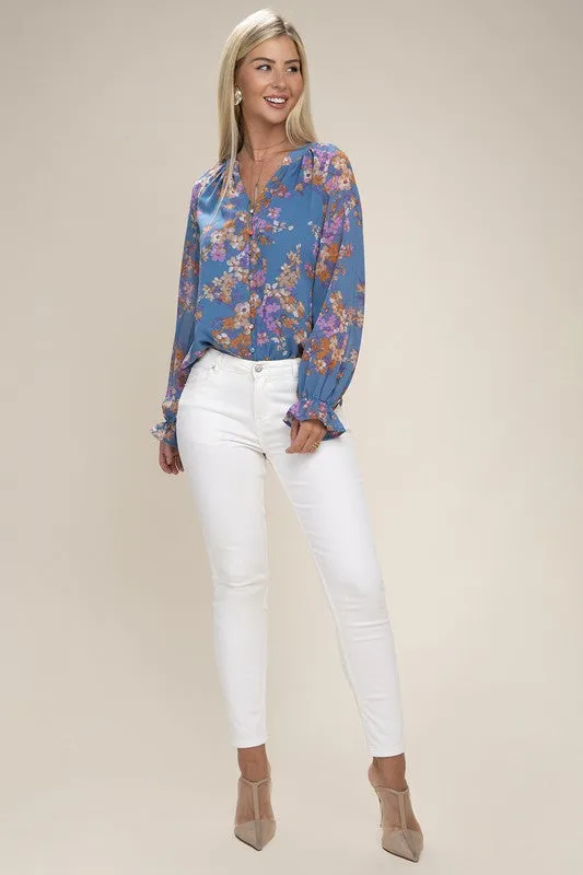 Raglan Sleeve Stand Collar Floral Chiffon Blouse