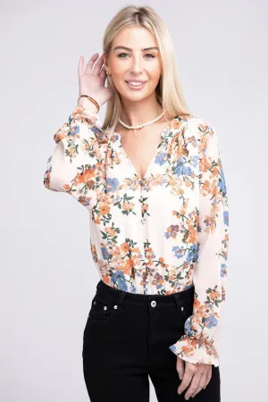 Raglan Sleeve Stand Collar Floral Chiffon Blouse